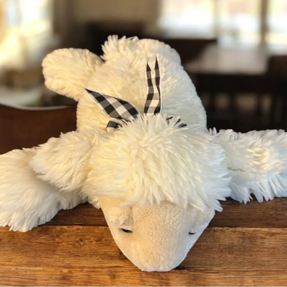 Charter Club Plush Lamb Laying Down Semi Flat Beanbag White Black Check Bow 22”